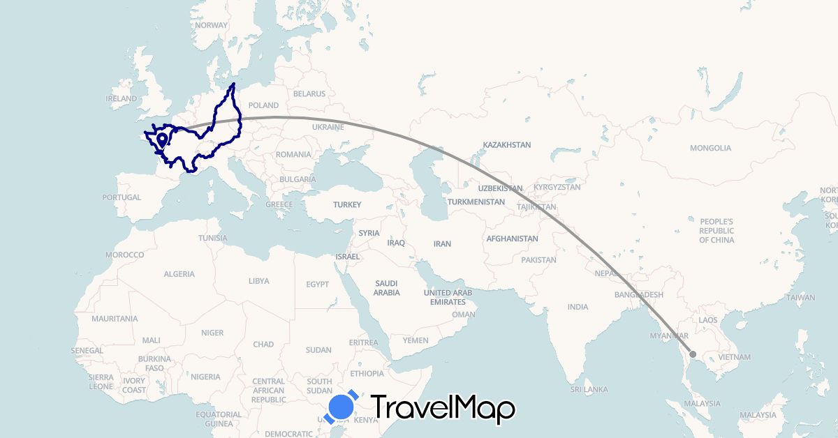 TravelMap itinerary: driving, plane in Austria, Switzerland, Czech Republic, Germany, France, Italy, Thailand (Asia, Europe)